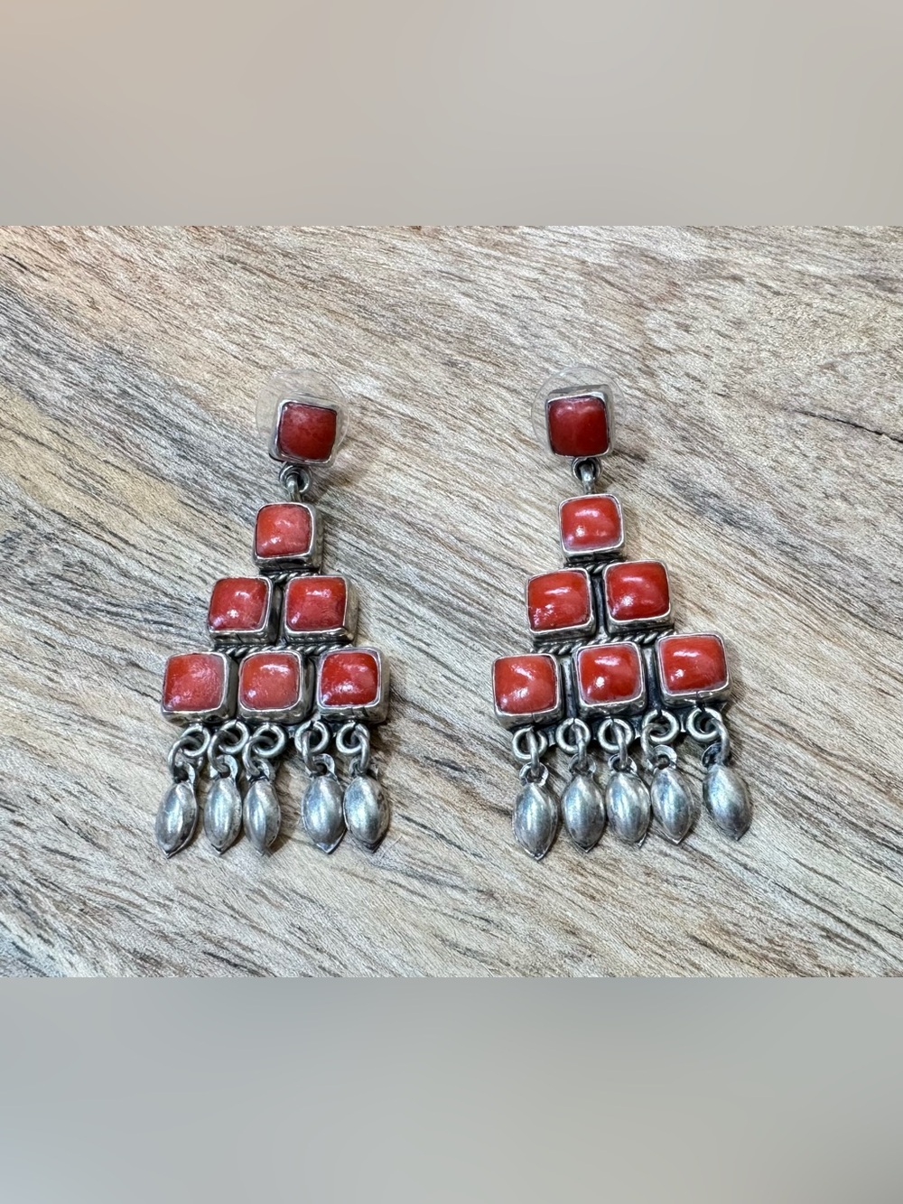Navajo Sterling Silver Coral Chandelier Earrings Southwestern